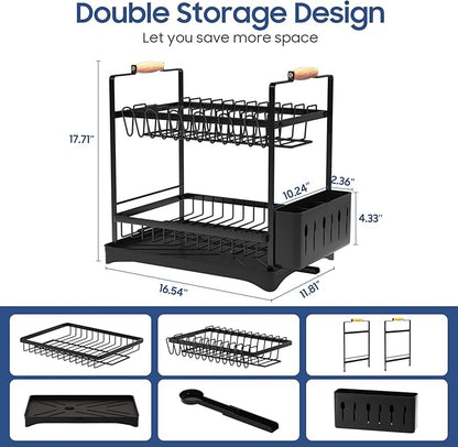 PXYHMUS 2-Tier Large Dish Drying Rack for Kitchen Counter with Drainboard and Cutlery Holder, 2 Tier Dish Drying Rack, Black,16.54" D x 11.81" W x 17.71" H