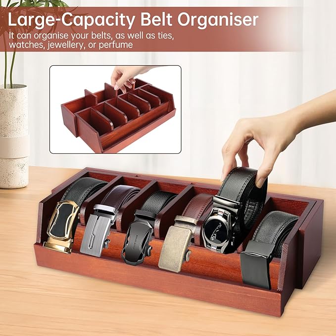Niciksty Large Adjustable Wood Belt Organizer, 10 Compartments Belt Rack and Tie Storage Holder for Closet and Drawer, Belt Holder Organizer and Displayer, Tie Holder Storage for Men Women, Brown