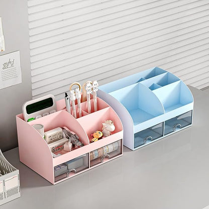Desk Organizer with 6 Compartments and 2 Drawers, Plastic Makeup Organizer, Pen Holder for Desktop Storage, Desk Organization for School, Home, Office Supplies (Pink)