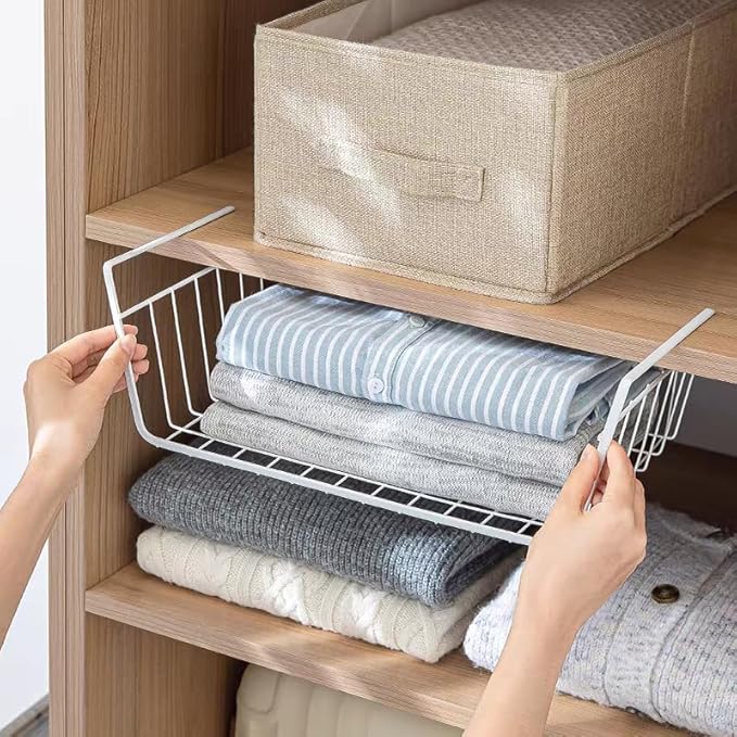 Under Shelf Storage Basket, Pantry Organizers and Laundry Room Organization Under Cabinet Multipurpose Metal Wire Basket for Kitchen, Office Desk (26cm/10.2in)