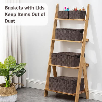 Storage Bins Baskets for Organizing with Lids, Storage Baskets for Shelves Stackable Woven Basket, Gift Small Basket Storage Cubes, Decorative Wicker Basket with Built-in Handles (5 Pack, Brown)