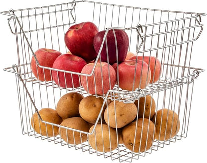 Stackable Wire Metal Baskets Fruit Vegetable Organization Pantry Cabinet Metal Bin Large Basket Shelves Storage for Kitchen Freezer, Set of 2