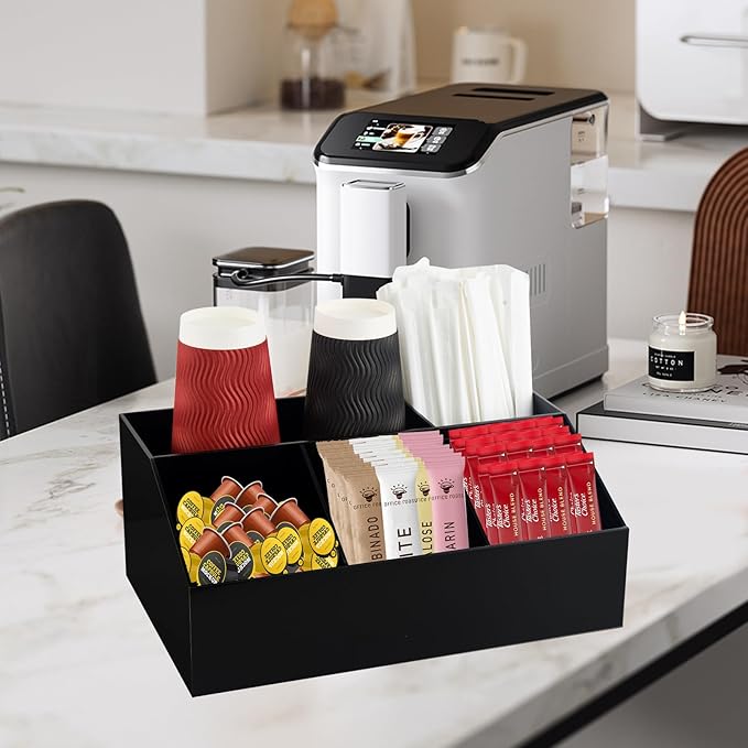 Coffee Bar Station Organizer for Countertop, Acrylic Coffee Pods Sugar Packets Tea Bags Storage Basket for Countertop, Black