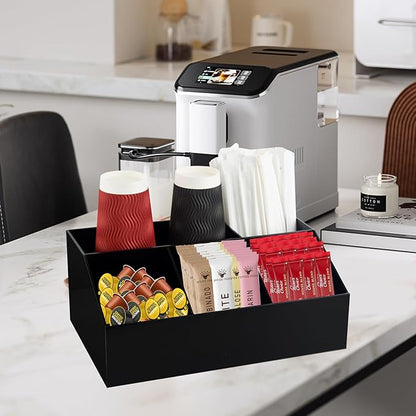 Coffee Bar Station Organizer for Countertop, Acrylic Coffee Pods Sugar Packets Tea Bags Storage Basket for Countertop, Black