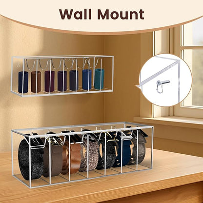 SIKWO Acrylic Belt Organizer with Separated Cover, 7 Compartment Clear Storage Case for Belts, Ties & Bow Ties | Closet & Drawer Display Holder for Men & Women Dust-proof Rack