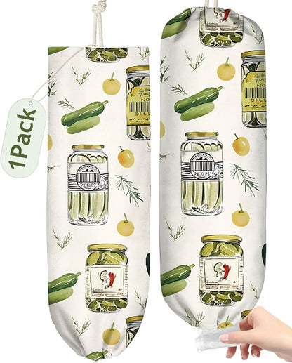 Plastic Bag Holder Organizer - 1 Pack Reusable Canvas Grocery Bags Holder Hanging Wall Cute Aesthetic Shopping Bag Storage Dispenser with Drawstring Closure for Kitchen Home, Canned