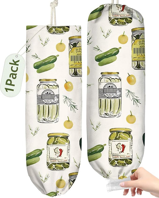 Plastic Bag Holder Organizer - 1 Pack Reusable Canvas Grocery Bags Holder Hanging Wall Cute Aesthetic Shopping Bag Storage Dispenser with Drawstring Closure for Kitchen Home, Canned