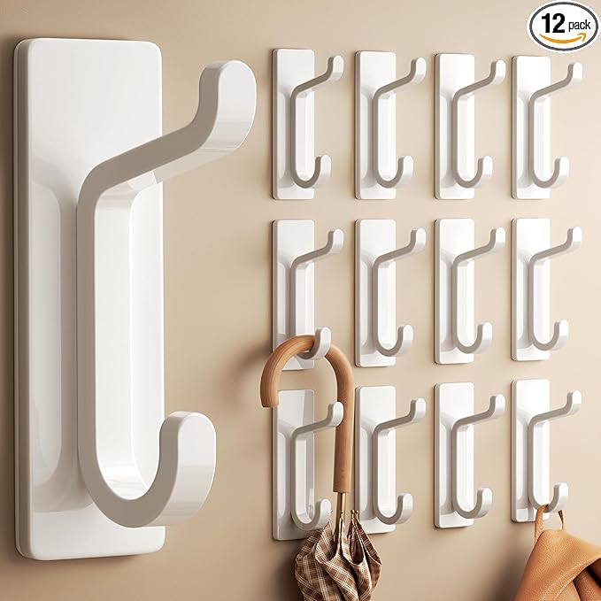 pickpiff 12 Pack Wall Hooks for Coat and Towel: 13LB Adhesive Door Hanger Stick on, White