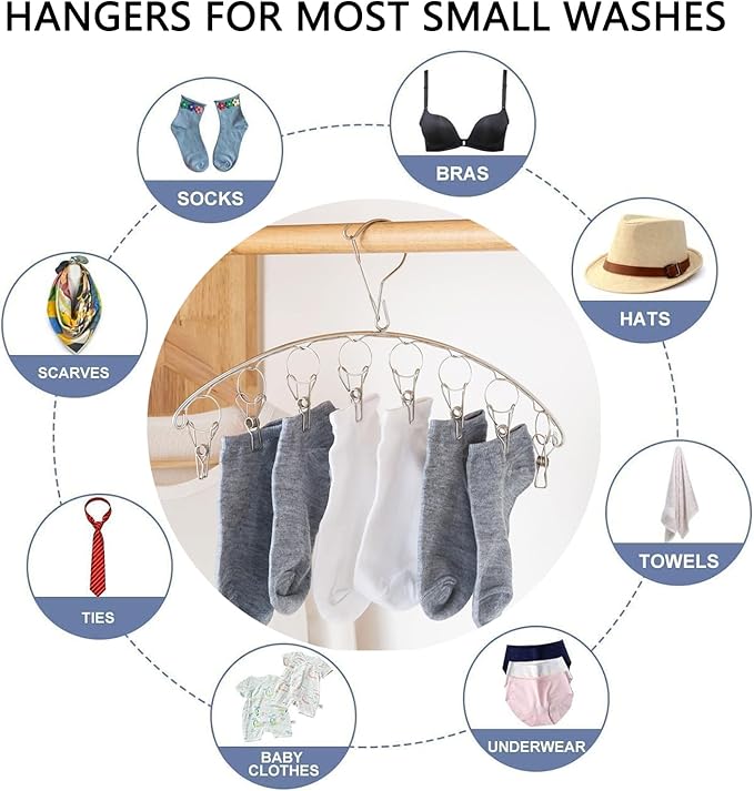 2Pcs Clothes Drying Hanger with 16 Clips, Stainless Steel Sock Air Drying Rack, Windproof Anti-Lost for All Small Laudry Item and Herbs