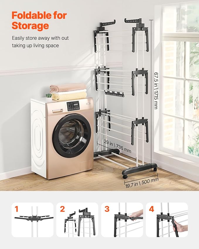 VEVOR Clothes Drying Rack, 4-Tier Foldable Laundry Dryer Rack, Metal Drying Racks with 24 Drying Rods, Free-Standing and Portable Hanger with 4 Castors and Two Side Wings for Outdoor & Indoor Use