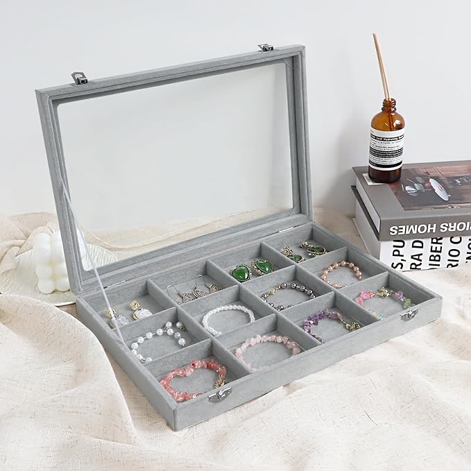 Wudygirl 12 Grid Jewelry Organizer Velvet Jewelry Tray with Clear Lid Jewelry Box Bracelet Holder Display Case Storage Bracelets Rings Earrings Organizer (12 Grid)