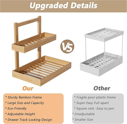 Bamboo Under Sink Organizer and Storage, 2 Tier Pull Out Cabinet Organizer, Slide Out Under Sink Storage Shelf, Undersink Organizers Shelves for Kitchen Bathroom Organization