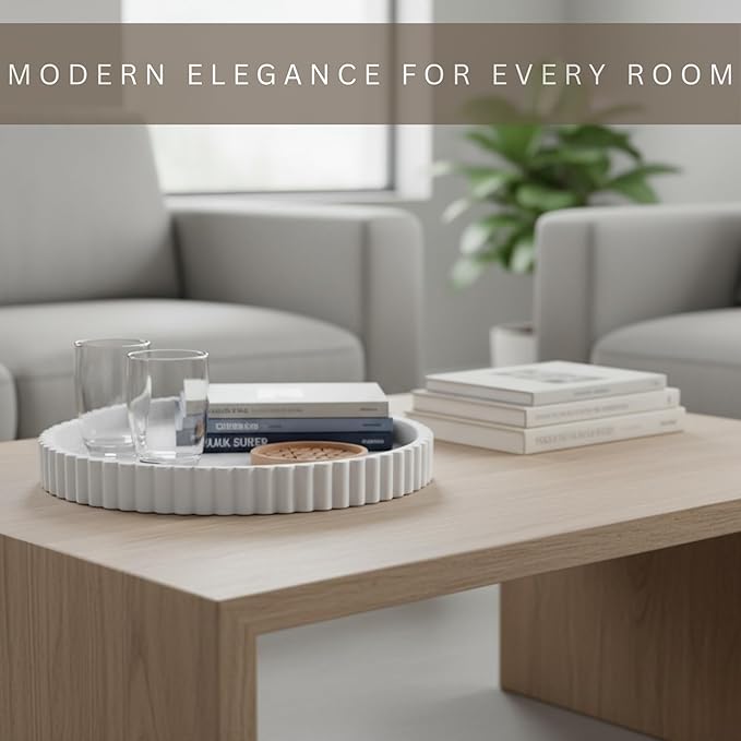 Vivere Home 13-Inch Round Coffee Table Tray - Concrete Round White Decorative Tray for Coffee Table Decor - Table Centerpieces Kitchen Island Trays Decorative Trays - Dining Room Tray White