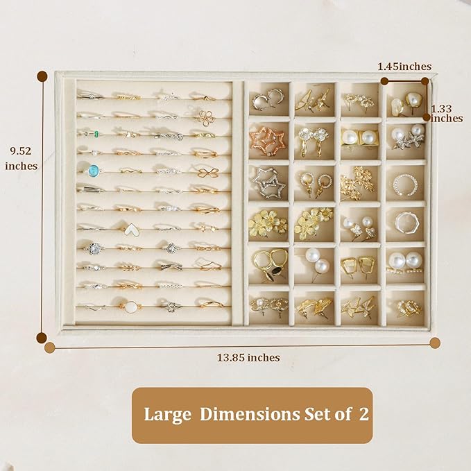 KATISYIO Large Velvet Jewelry Tray 2 Pack Stackable Jewelry Display Drawer Inserts Trays Organizer for Earring Bracelet Necklace Ring (Beige, Ring and 24 Grids)