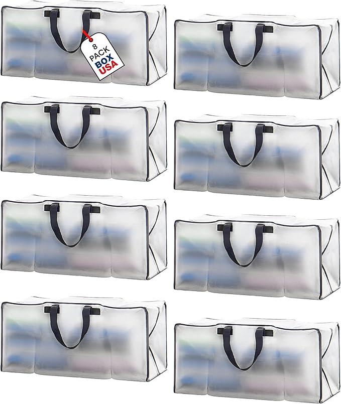 BOX USA 8 Pack Extra Large Clear Moving Bags with Handles & Zippers | Heavy Duty Storage Totes, Packing, Dorm Room Essentials & College Space Saving