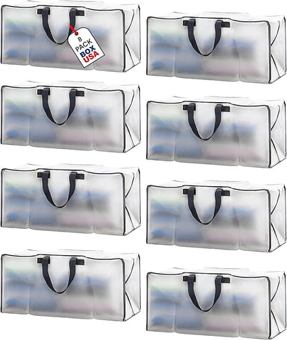 BOX USA 8 Pack Extra Large Clear Moving Bags with Handles & Zippers | Heavy Duty Storage Totes, Packing, Dorm Room Essentials & College Space Saving