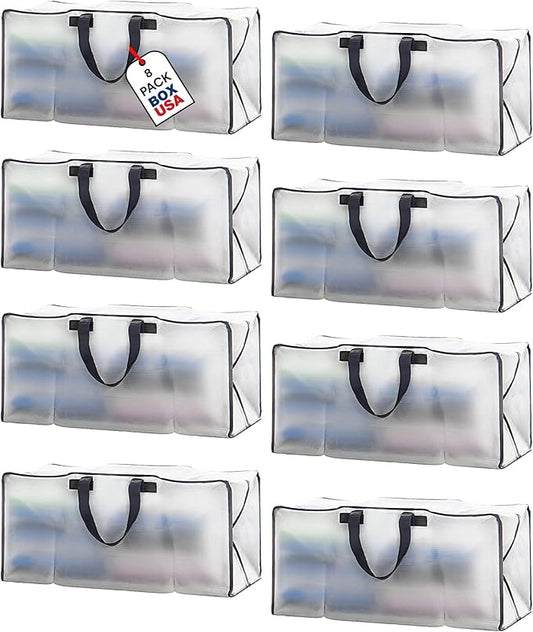 BOX USA 8 Pack Extra Large Clear Moving Bags with Handles & Zippers | Heavy Duty Storage Totes, Packing, Dorm Room Essentials & College Space Saving