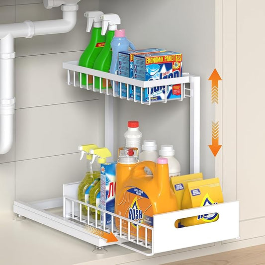 Under Sink Organizer Storage 2-Tier Premium Metal Pull-Out Racks, Height Adjustable, Heavy Dut and Easy Installation for Kitchen & Bathroom Organizers 1 Pack White