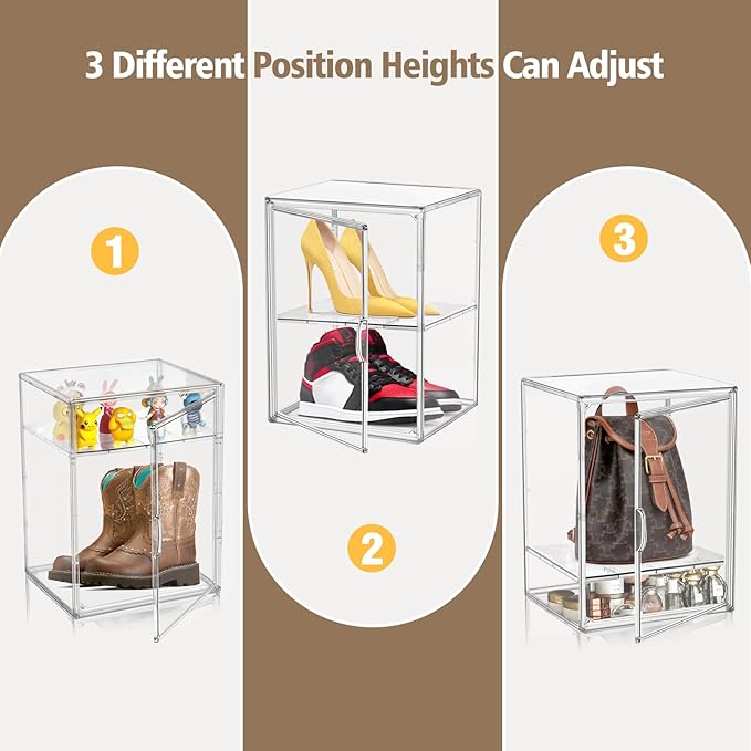 DAYOOH 2 Pcs Shoe Display Case, XX-Large Tall Boot Storage Box Transparent Handbag Organizer for Closet Acrylic Shoe Box Clear Plastic Stackable Sneaker Collectibles Case with Detachable Divider