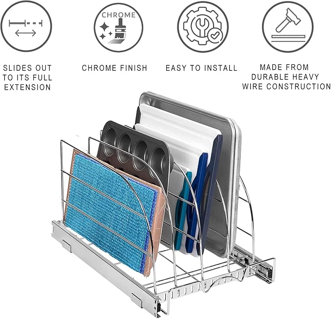 HOLDN’ STORAGE Pull Out Organizer for Bakeware, Cutting Board and Trays, Adjustable Dividers - Heavy Duty, Lifetime Limited Warranty - For Narrow Cabinet Spaces, 12.5”W x 21”D x 11”H, Chrome