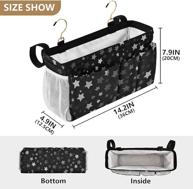 CuwrYet Bedside Caddy Hanging Bunk Bed Caddy Bed Organizer Hanging Pocket with 2 Hooks Bedside Storage Organizer Pocket Bag Holder Silver Stars Black