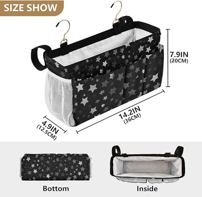 CuwrYet Bedside Caddy Hanging Bunk Bed Caddy Bed Organizer Hanging Pocket with 2 Hooks Bedside Storage Organizer Pocket Bag Holder Silver Stars Black