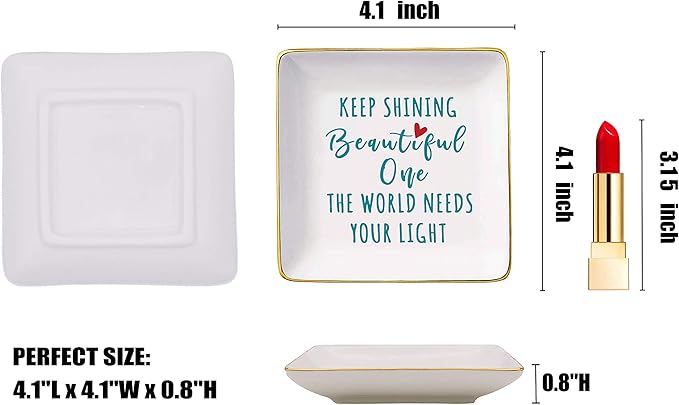 Keep Shining Beautiful - the World Needs Your Light - Ceramic Jewelry Holder Ring Dish Trinket Tray - Inspirational Gifts for Women,Best Friends,Bestie,Sister,Daughter,Birthday Christmas Gifts