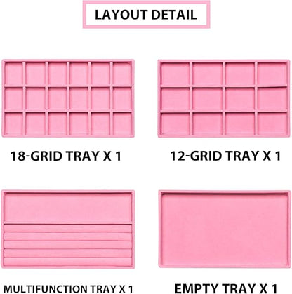 Frebeauty Jewelry Organizer Tray,Stackable Velvet Jewelry Trays,Drawer Inserts Earring Organizer For Women Jewelry Storage Display Case for Rings Stud Necklaces,Set of 4(Pink)