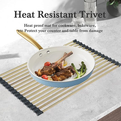 VONIKI Gold Over Sink Dish Drying Rack, 17.7"x 11"Roll Up Dish Drying Rack, Silicone Wrapped Kitchen Rolling Dish Drainer, Anti-Slip Foldable Sink Rack Mat, Multipurpose Dish Racks For Kitchen Counter