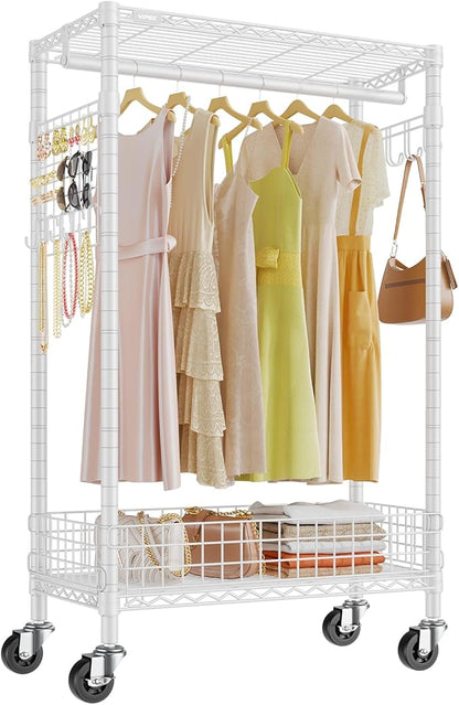 VIPEK R1 Rolling Clothes Rack with Pegboard Organizer Portable Closet for Hanging Clothes with Lockable Wheels & Removable Basket, Compact Clothing Rack for Small Spaces Apartments/Bedroom, White