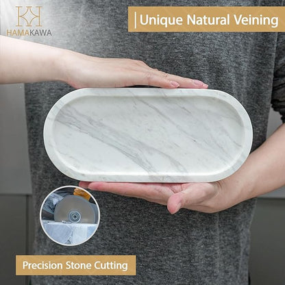 Oval Bathroom Vanity Tray, Large Natural Marble Sink Tray 10 inch, Volakas White Stone Soap Trays, Modern Perfume Trays, Countertop Organizer for Kitchen, Coffee Table, Home Decor