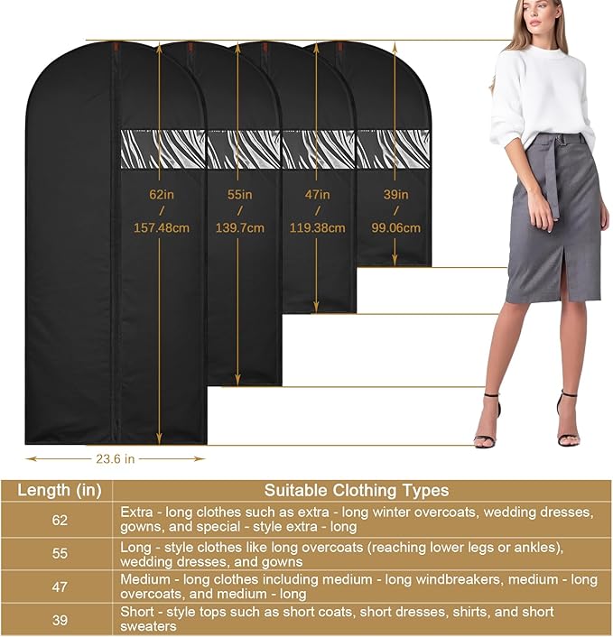 47-Inch Garment Bags Covers,Hanging Clothes Bag, Suit Cover Bags with Clear Window for Hanging Closet Clothes Storage and Travel (Black-47Inch)