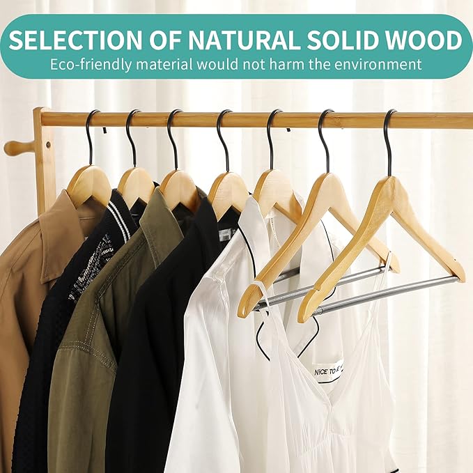 Perfecasa Premium Quality Solid Wood Clothes Hangers for Suits and Coats, Smooth Finishes, Non-Slip Pants Bar, 360° Swivel Soft Coated Hooks. Pack of 20(Clear Natural)