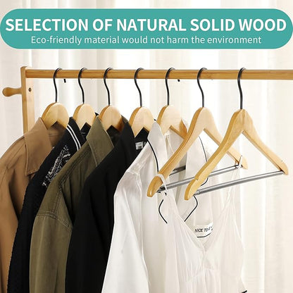 Perfecasa Premium Quality Solid Wood Clothes Hangers for Suits and Coats, Smooth Finishes, Non-Slip Pants Bar, 360° Swivel Soft Coated Hooks. Pack of 20(Clear Natural)