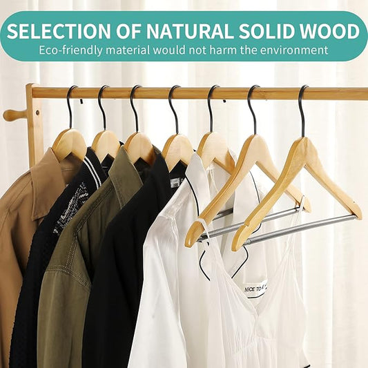 Perfecasa Premium Quality Solid Wood Clothes Hangers for Suits and Coats, Smooth Finishes, Non-Slip Pants Bar, 360° Swivel Soft Coated Hooks. Pack of 20(Clear Natural)