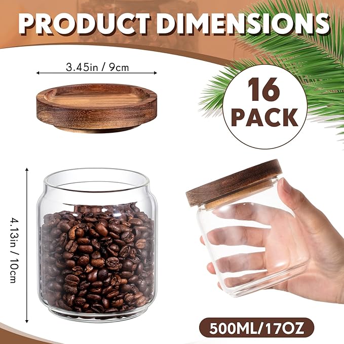 Irenare 16 Pcs Glass Containers Canister Set, 17 oz Food Storage Spice Jars with Airtight Lids, Clear Kitchen Containers for Coffee Sugar Tea Beans Nuts Candy Pantry Organization(Wood)