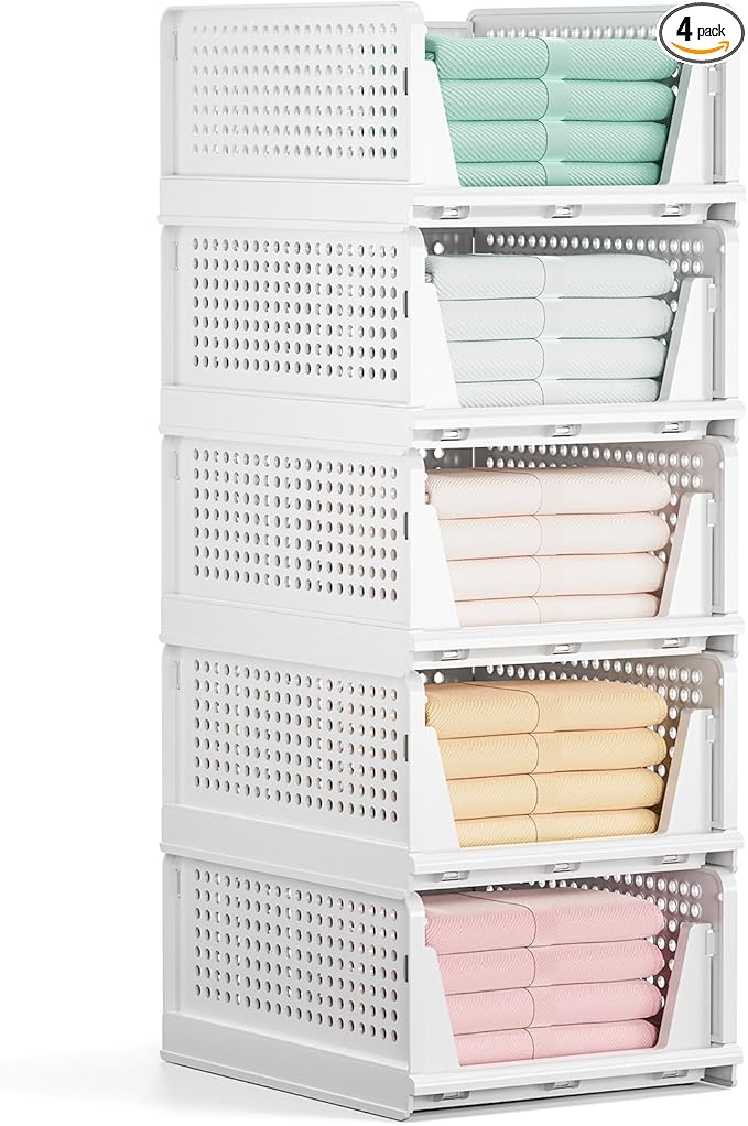 Mavivegue 4 Pack Stackable Closet Storage, Plastic Drawer Basket,Closet Organizers Storage Box for Cupboard,Bedroom, Kitchen, Bathroom, Office White