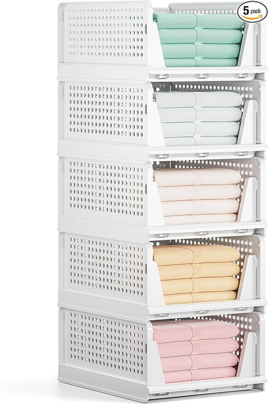 Mavivegue 5 Pack Stackable Closet Storage, Plastic Drawer Basket,Closet Organizers Storage Box for Cupboard,Bedroom, Kitchen, Bathroom, Office White