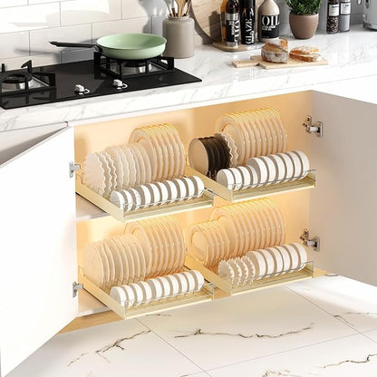 Pull-Out Cabinet Dish Drying Rack - Dish Drying Rack Stainless Steel 2-Tier Kitchen Organizer for Plates Bowls, Under-Counter Space Saving Storage Rack, Adjustable（White）