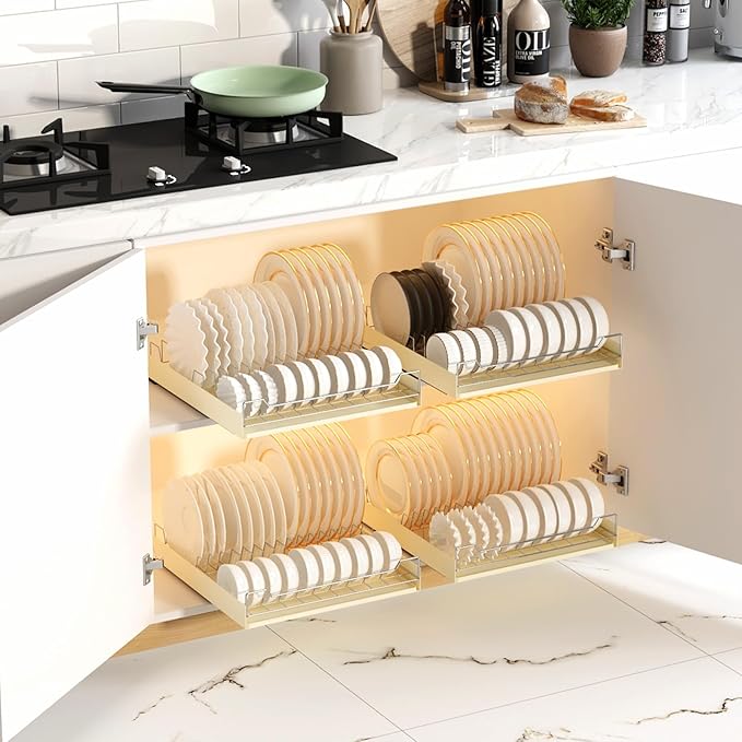 Pull-Out Cabinet Dish Drying Rack - Dish Drying Rack Stainless Steel 2-Tier Kitchen Organizer for Plates Bowls, Under-Counter Space Saving Storage Rack, Adjustable（White）