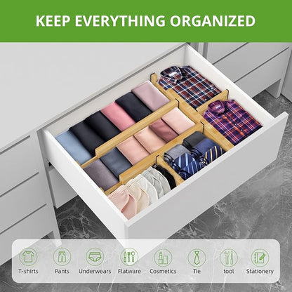 ANTOWIN 4 Pack Expandable Drawer Dividers, 4.7'' High, Extend from 12.2'' to 17.7'', Dresser Drawer Organizers, Bamboo Separators for Kitchen, Bedroom, Office, Bathroom (Natural)