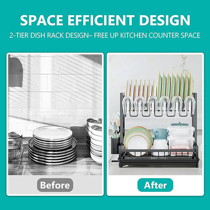 Stelive 2-Tier Dish Drying Rack for Kitchen Counter, Dish Drainer Dish/Cup/Cutlery Holder Dish Drainer Rack 2 Tier Dish Racks with Utensils Holder, Drainboard & 360° Telescopic Drain Pipe (Black)