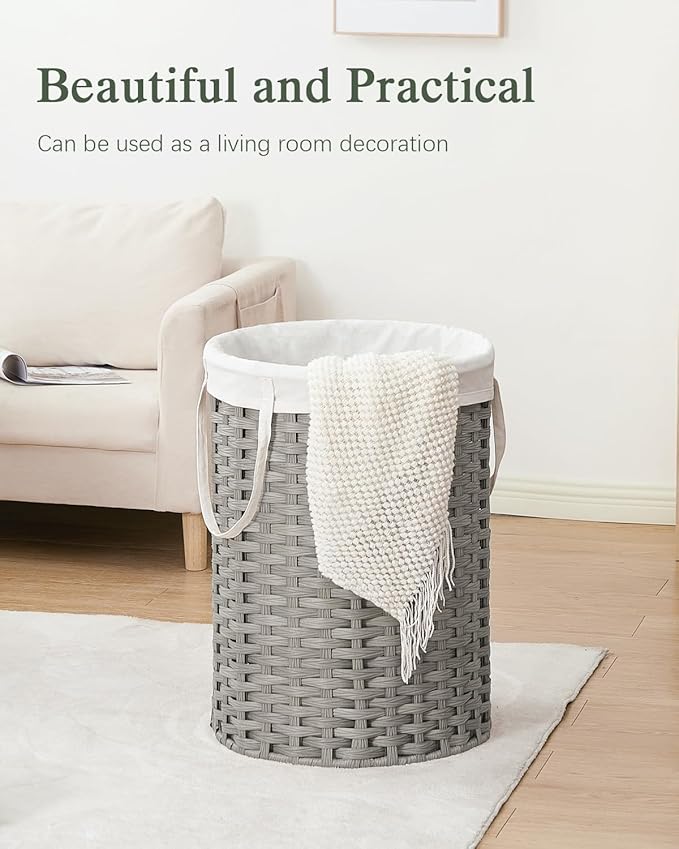 Laundry Basket Round Rattan Laundry Hamper 29.1 Gal(110 L) Handwoven Large Wicker Basket with Handles, Wicker Hamper with Removable Bags and 2 Mesh Bags for Bathroom Living Room Gray(No Lid)