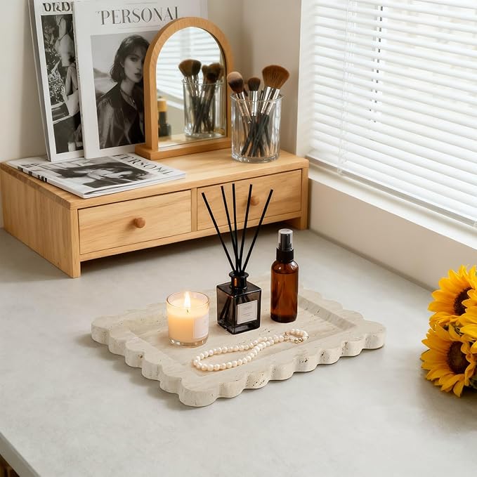 Luxury Beige Travertine Tray with Scalloped Edge, 11"x8" Rectangle Vanity Tray for Bathroom & Kitchen Counter, Decorative Organizer Tray for Dresser, Coffee Table, Home Décor