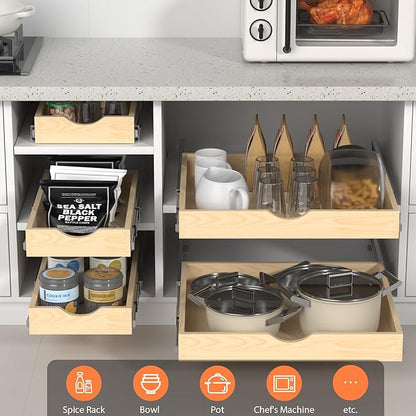 Wooden Pull Out Cabinet Organizer, Slide Out Drawer for Kitchen Organizers and Storage, Soft Close, Heavy Duty, Fully Expandable