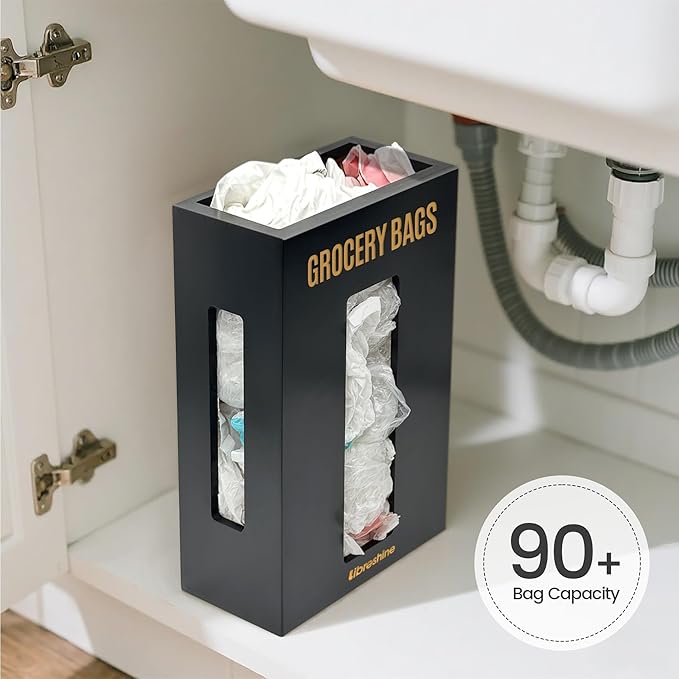 Extra Large Black Bamboo Grocery Bag Holder for Plastic Bags, Under Sink Cabinet or Wall Mounted Organizer, Space-Saving Bag Dispenser for Kitchen, Pantry, Laundry Room, Garage
