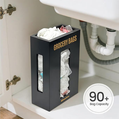 Extra Large Black Bamboo Grocery Bag Holder for Plastic Bags, Under Sink Cabinet or Wall Mounted Organizer, Space-Saving Bag Dispenser for Kitchen, Pantry, Laundry Room, Garage