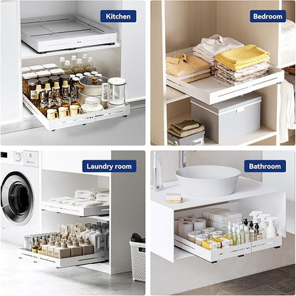 Pull-out Cabinet Organizer,Adjustable Depth(15.7"-24.4") And Width(12.8"-20.5"),3 Silent slides and 2 Support Pulleys,Easy to Assemble and Heavy-Duty Storing slide-out drawer,White