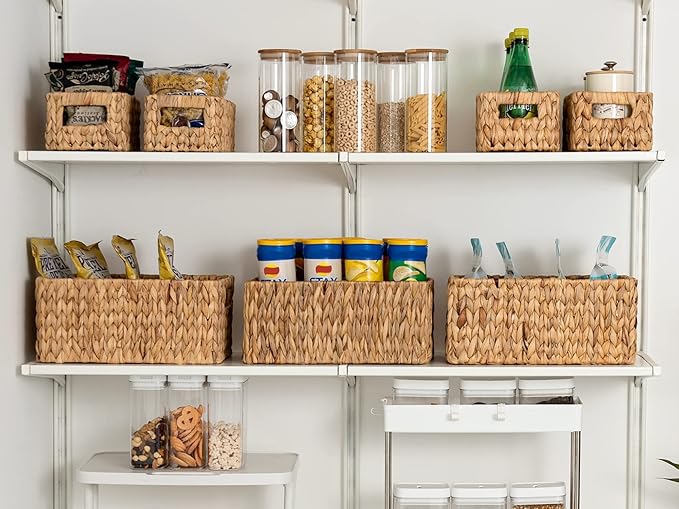 StorageWorks Water Hyacinth Storage Baskets, Square Wicker Baskets with Built-in Handles, Hand-Woven Baskets for Bedroom, Bathroom, Pantry, Shelves, Set of 3 (1PC Large, 2PCS Medium)