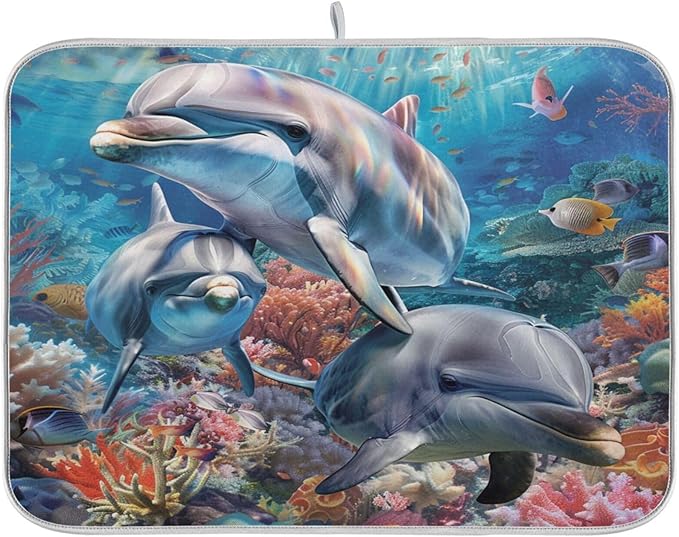 ZzWwR Funny Ocean Cute Dolphin Family Absorbent Dish Drying Mat Microfiber Kitchen Countertop Table Protector Multi-Purpose Counter Rack Sink Drainer Pad (16" x 18")